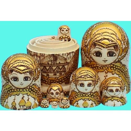 10 Layer Carving Gold Color Russian Dolls 10pcs Dry Basswood Hand-painted Matryoshka Doll Nesting Delicate Wooden Toy L30