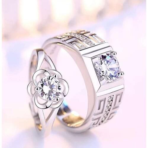 2Pcs Classic Resizeable Flower Crystal Couple Ring Wedding Engagement Ring Adjustable CZ Ring Valentine Day Gift Dropshipping