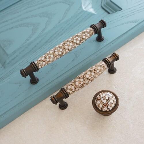 3.75" 5" Ceramic Wardrobe Door Handle Round Single Hole1.45" Drawer Knobs Retro Small White Flower Kitchen Cabinet Handles