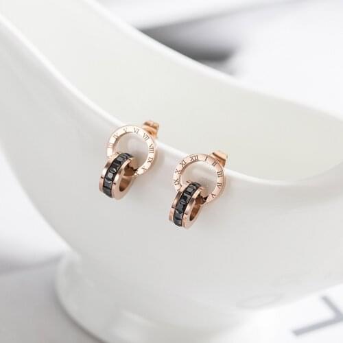 Shiny Cubic Zirconia Roman Numerals Double Circle Stud Earrings Titanium Steel Rose Gold Engagement Wedding Earrings