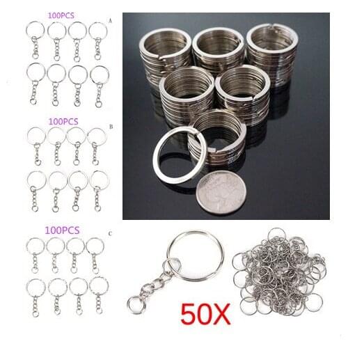 30/50/100 Pcs/Set SilveryChains Stainless Alloy Circle DIY 25mm Keyrings 3 Styles Jewelry Keychain Key RingKey