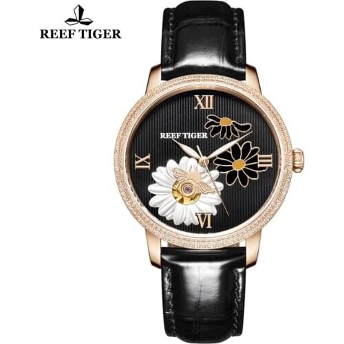Reef Tiger/RT 2021 Top Brand Luxury Women Fashion Watch Automatic Mechanical Watches Genuine Leather Strap Watch Ladies Gifts