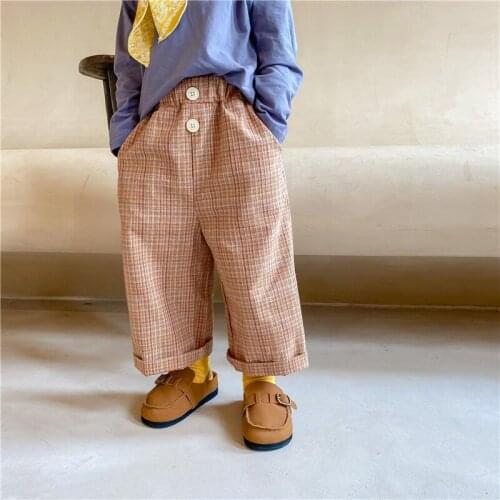 8615 Children Clothes Plaid Pant 2021 Autumn Korean Boys' And Girls' Retro Literary Plaid Straight Pants Girls' Casual Pants
