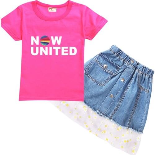 Fashion Now United Clothes Kids Summer Clothing Sets Girls Short-sleeved T-shirt+middle Waist Jeans Skirt 2PCS Set Children Suit