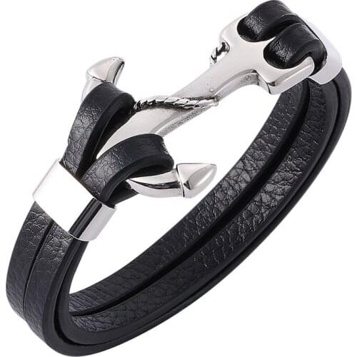 Punk Men Jewelry Stainless Steel Anchor Buckle Leather Bracelet Bangles Fashion Charm Bracelet Hand Chain Leather Wrap Bracelet