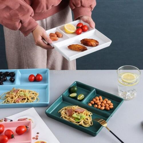 Solid Square Ceramic Plate Children Feeding Tableware Lattice Porcelain Dinner Plate Salad Fruit Dish Tray Snack Dishes Plate