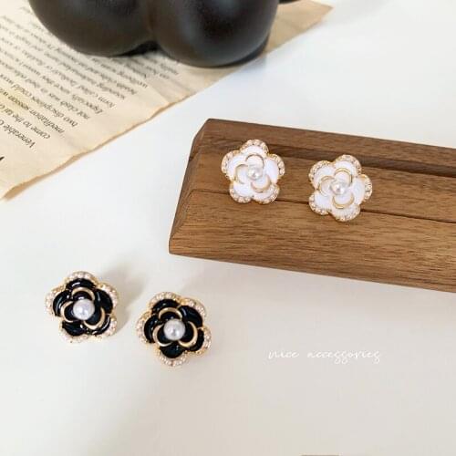 Korean Japan Stud Earrings For Women Girl Flower Camillia Pearl Cute Kawaii Fashion Jewelry Accessories Wholesale