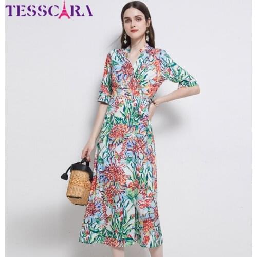 TESSCARA Women Summer Elegant Dress Festa Female High Quality Long V-Neck Party Robe Femme Vintage Designer Casual Vestidos