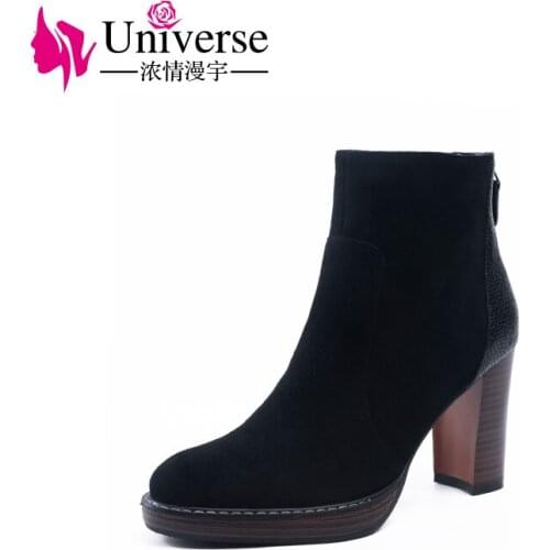 Comfortable Heel Kid Suede and PU Plus Size 34-41 Ankle Boots Zip Universe Handmade Women Winter Boots Black Warm Shoe H190
