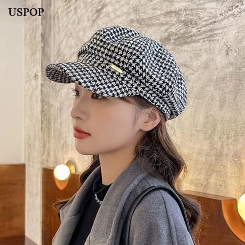 USPOP 2021 Womens Autumn Hats Soft Plaid Octagonal Hats Female Winter Newsboy Caps Hats