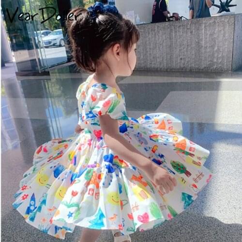 VearDoller GIrls Dress 2021 New Summer Kids Puff Sleeve Princess Dress Cartoon Pattern Bow Dress