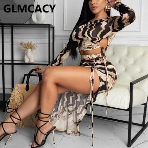 Women Two Piece Leoaprd Dress Suits Long Sleeve Crop Top & High Slit Maxi Skirt Set