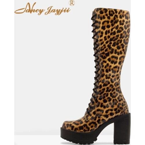 Women Shoes Ladies Boots Paten Leather Leopard Platform Super High Square heels Cross-Tied Slip-On Round Toe Spring/Autumn 2019