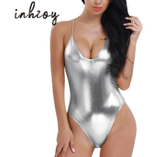 Women Metallic Shiny Swimsuit Bodysuit Sexy Scoop Neck Spaghetti Strap Thong Bathing Suit Swimwear