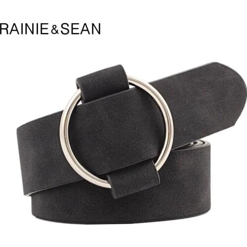 RAINIE SEAN Black Leather Belts For Women Solid Waist Belt Circle Smooth Buckle Casual Wide Ladies Pu Leather Belt For Jeans