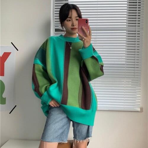 Spring Autumn New Ladies Lazy Wind Color Matching Striped Sweaters Korean Loose Round Neck Retro Knit Pullover Female G1313