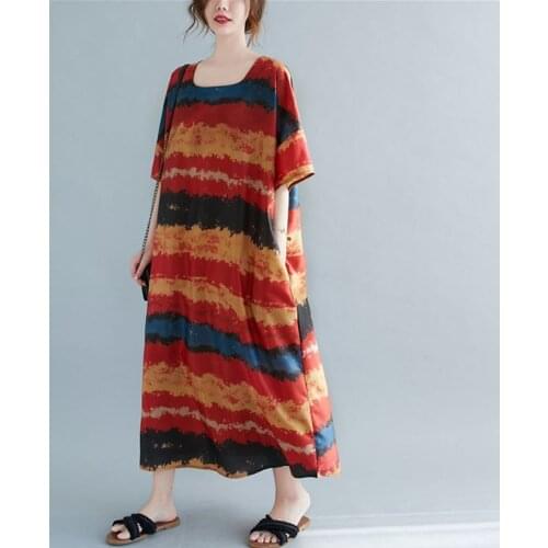 Oversized Women Casual Dress New Arrival 2021 Summer Freely Style Vintage Print Loose Comfortable Female Long Dresses S3501