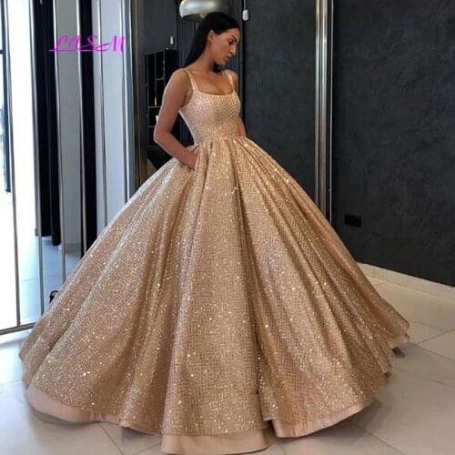 Spark Bling Gold Sequin Quinceanera Dresses Ball Gown Princess Prom Dresses With Pocket Puffy Sweet 16 Dress vestidos de 15 Anos