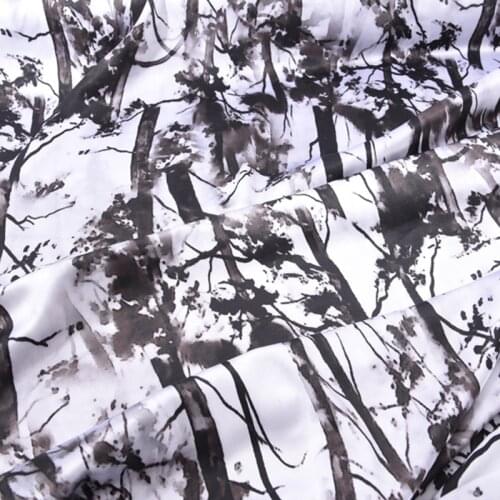 108CM Wide 19MM Ink Bamboo Print 90% Silk 10% Lycra Stretch Silk Satin Fabric for Dress Cheongsam Pant Shirt H536