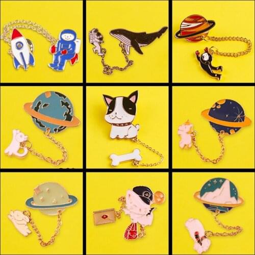 Astronaut and whales Cartoon brooches Pins Fish Lapel pins Badges Brooch Metal Badges On a Backpack Pins Rock Badges on Clothes