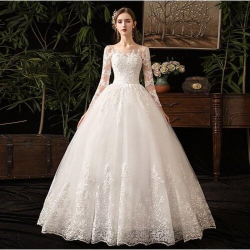 2021 Ivory Long Sleeves Elegant Ball Gown Wedding Dresses For Brides Lace Dress O Neck With Lace Edge Plus Size