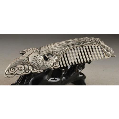 Exquisite Chinese Vintage Lucky Miao Silver Handwork Old Phoenix Statue Comb