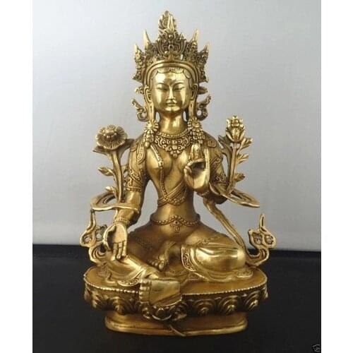 Copper Buddhism Tibetan Statue, God Kwan-yin Buddha Statue, Green Tara, 21cm