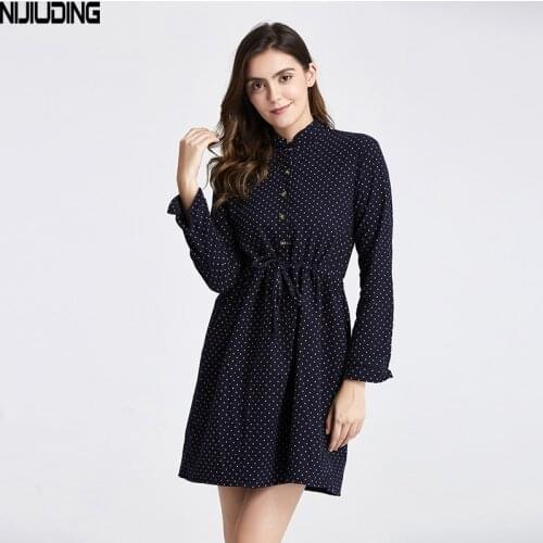 2019 New Fashion Women Causal polka dot Dress Medium-long Stand Collar Slim Elastc Waist A Line Dress Dropshipping