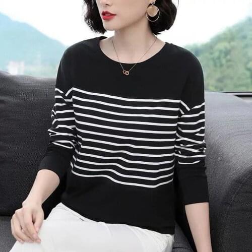 2021 New O Neck T Shirt Woman Autumn Long Sleeve Shirt Oversized Woman T-shirt Korean Style Loose Striped Plus Size Women Shirts