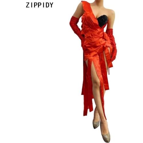New Arrival One Shoulder Black Rhinestone Red Fringe Bodysuit Stone Gloves Prom Birthday Wear Women Dance Show Outfit