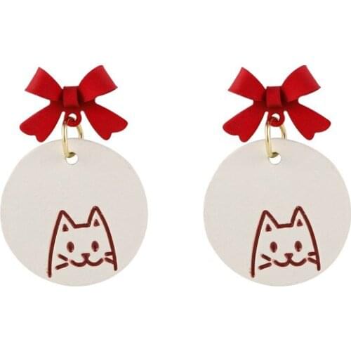 Cut Lovely Cat Bow Earrings For Women Sweet Romantic Cute Puppye Round Pendant Drop Ear Jewelry Accessories Girl Gift