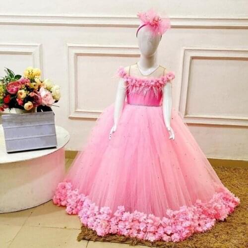 New Pink Flower Girl Dress for Wedding Floral Lace Feather Kids Party Gown Princess Birthday Dress Photography