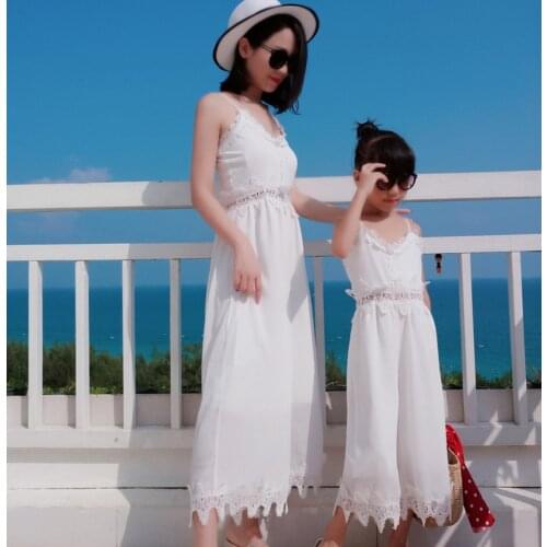 Monther Daughter Chiffon Overalls 2021 Summer new White Wide leg pants for Beach Parent-child Clothing Outfit YM002