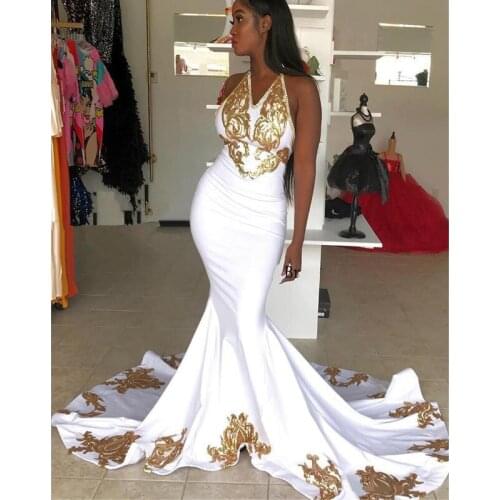 Charming White Mermaid Long Prom Dresses Gold Lace Backless Halter African Party Gowns 2019 New Special Occasion Evening Dresses
