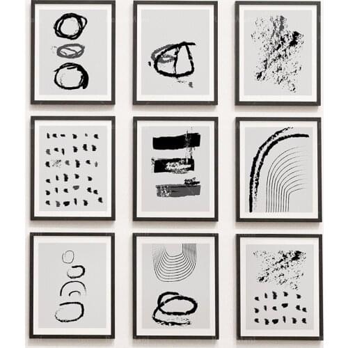Contemporary modern neutral art wall prints 9-piece set, abstract art prints, black and white minimalist gallery art decoration