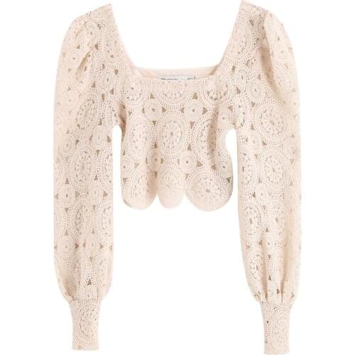 Square Neck Knitted Jumper Pure Cotton Ladies Sweater with Lace Cropped Pullover Winter Womens Clothing Knitwear Crop Top