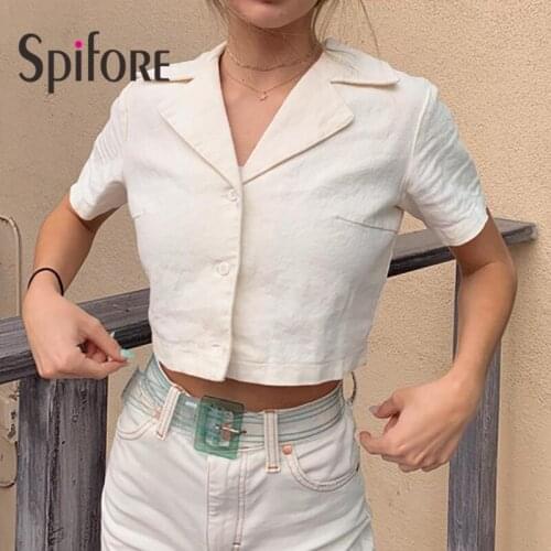 Spifore Short Sleeve Tees Button Up White 2021 Women Crop Top Y2K Casual Solid Collar T Shirt