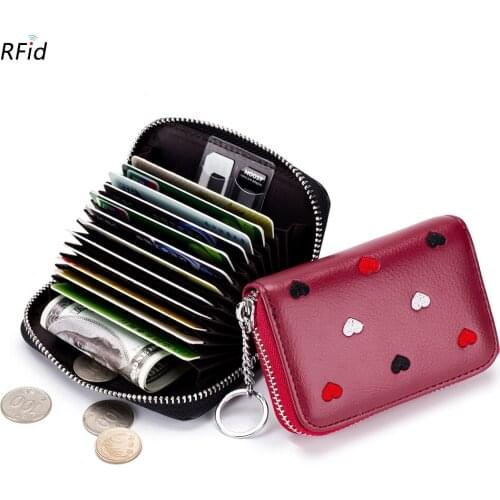 New Hearts Embroidered Women Coin Purse Genuine Leather Square Zipper Travel Organizer RFID Card Holder Small Wallet Clutch Bag