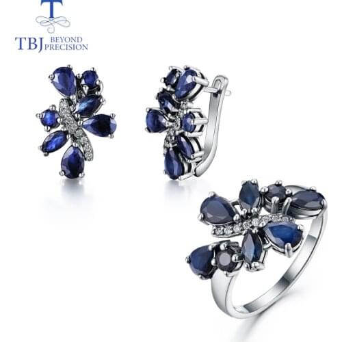 TBJ,natural sapphire set jewelry Rings and earrings flower design 925 silver suitable for women wedding or anniversary nice gift