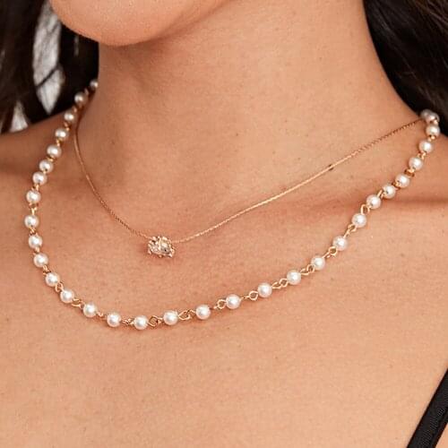 Boho Fashion Artificial Pearl Crystal Luxury Pendant Necklaces For Women Vintage Gold Necklace Multilayer Female Jewelry Gift
