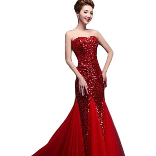 Mermaid Evening Dresses Long 2016 Sexy Strapless Slim Court Train Sequin Trumpet Dress Vestido De Festa Longo Large Size BV22