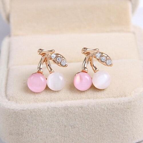 Pink White Opal Cherry Fruit Crystal Leaf Golden Stud Earrings for Women Fashion piercing Jewelry