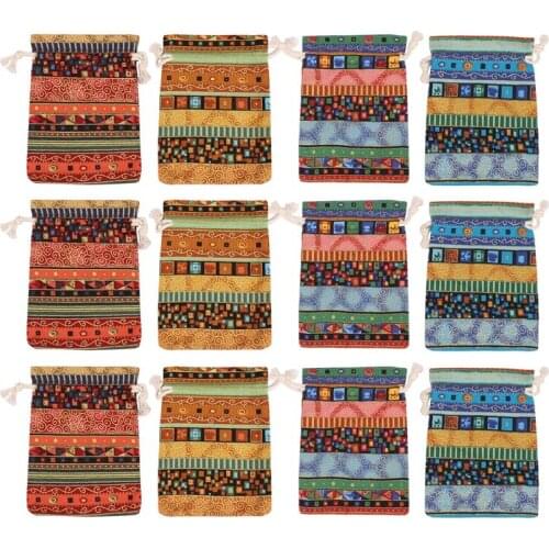 12pc Egyptian Style Jewelry Coin Pouch Print Drawstring Gift Bag Cotton Sachet Candy Travel Purse Ethnic