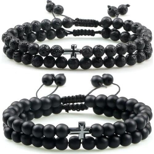 2pcs/set Hematite Cross Beads Bracelets Men 6mm Charm Lava Rock Natural Tiger Eye Stone Bracelet Women Adjustable Bangle Jewelry