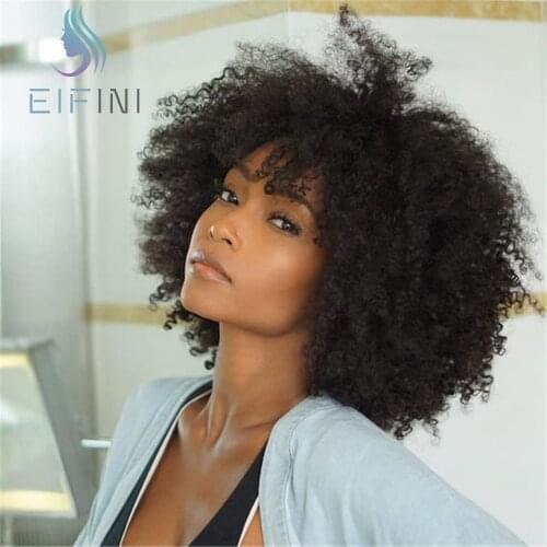 Afro Kinky Curly Human Hair Wigs With Bangs Glueless Brazilian Short Bob Full Machine Made Wigs For Black Women Natural Color