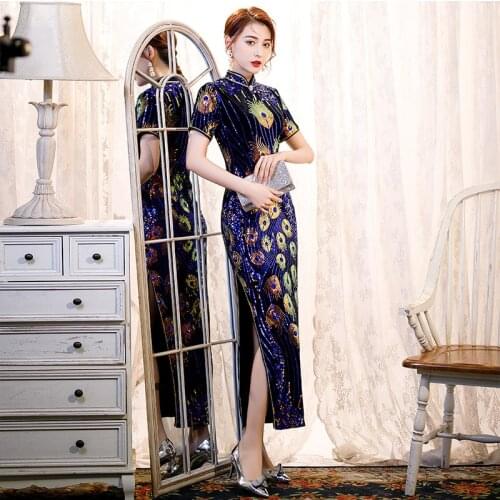 Velvet Sequin Cheongsam Vintage Chinese Style Qipao Long Cheongsam Dress Womens Traditional Dress Banquet Catwalk Size S-6XL