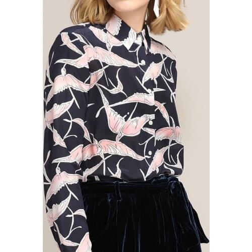 Pure Silk Shirt 100% Mulberry Silk Women Loose Print Square Collar Long Sleeve Blouse M L XL Free Shipping