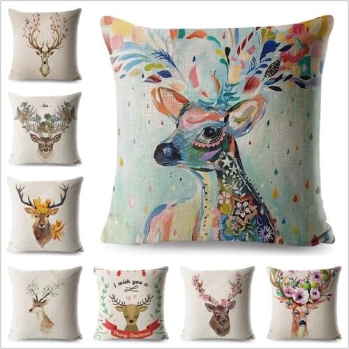 Watercolor Deer Pillowcase Animals Linen 45*45 cm Square Decorative Cushion Cover for Sofa Seat Pillow Case Yellow Pillowcovers