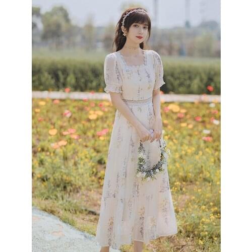 Elegant Chic Lace Square Neck Puff Sleeve Dress Summer French Floral Embroidery Sweet Romantic Retro Dress Women