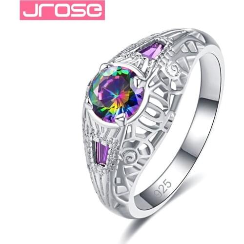 JROSE Classic Design Silver Jewelry Sparkling Solitaire Raibown Round Cubic Zirconia forever Wedding Ring Bijoux Birthday Gifts
